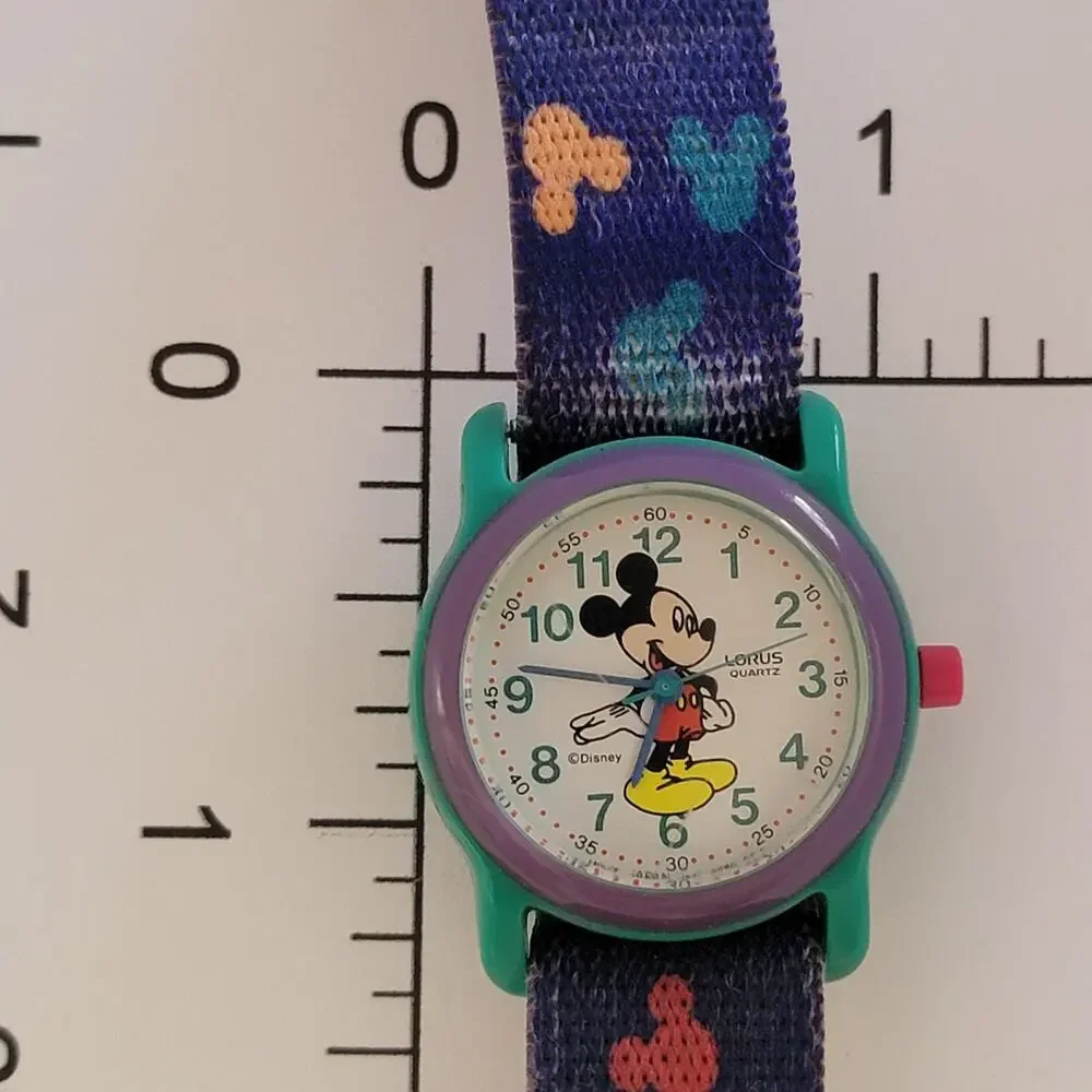 Lorus Mickey Mouse Girls Watch Green Case White Dial Blue Nylon Strap Quartz